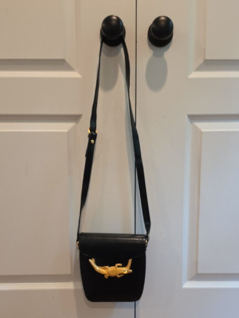 Black Crossbody Bag with Gold Crocodile Accent - Picture 2 of 8